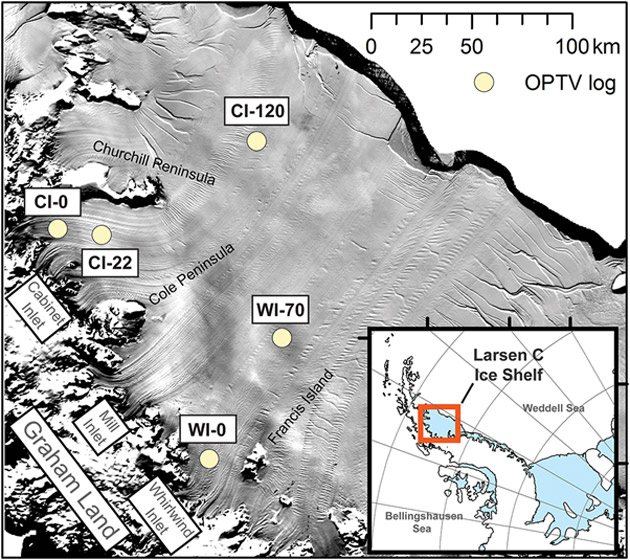 Location map of LCIS showing the sites of the OPTV borehole logs reported herein overlain on 2009 MODIS “MOA” image.