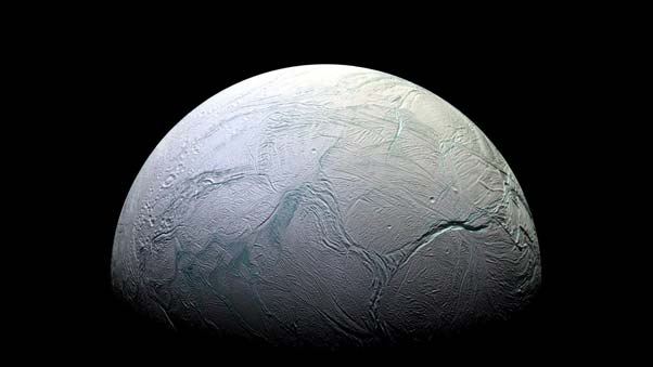 This view of Saturn's moon Enceladus was taken by NASA's Cassini spacecraft. On October 28, 2015, Cassini will make its closest pass directly through the plume jetting out of the moon's south pole. Image credit: NASA/JPL-Caltech