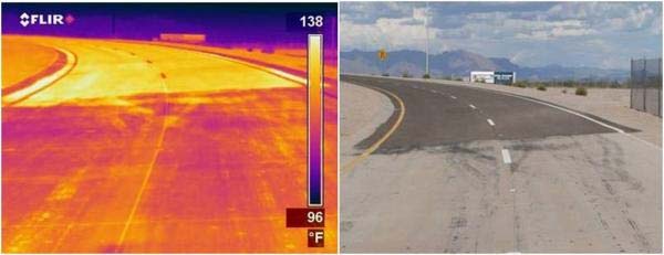 Thermal infrared (left) and visible (right) images of a road with light and dark segments. The infrared image shows that the light segment (bottom) is about 17°C (30°F) cooler than the dark segment (top). (Image courtesy of Larry Scofield, APCA)