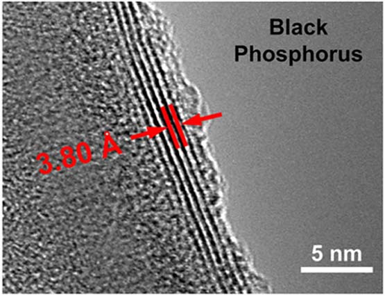 Transmission electron microscope image showing the ultrathin layers of black phosphorus used in the energy harvesting device An angstrom (Å) is about the width of a single atom and is one tenth of a nanometer (nm).
