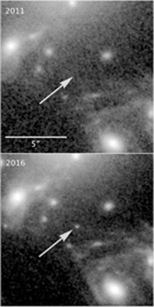 An image taken in 2011 failed to display LS1 in its location relative to MACS J1149 (arrows), whereas subsequent images from 2016 did. (Source: NASA/ESA/P. Kelly)
