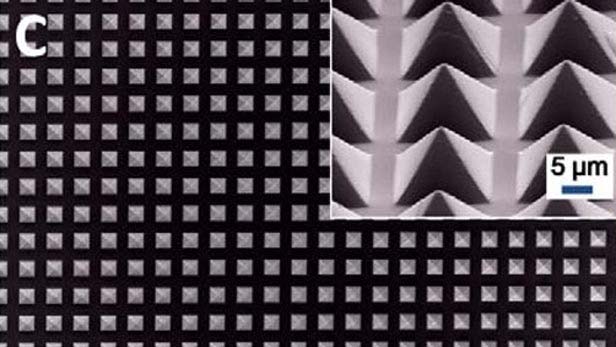 The pyramid patterns created in a polymer sheet increase current production in the new triboelectric generator 