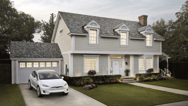 Tesla's new slate solar roof tiles are seen in this photo released by the company. 