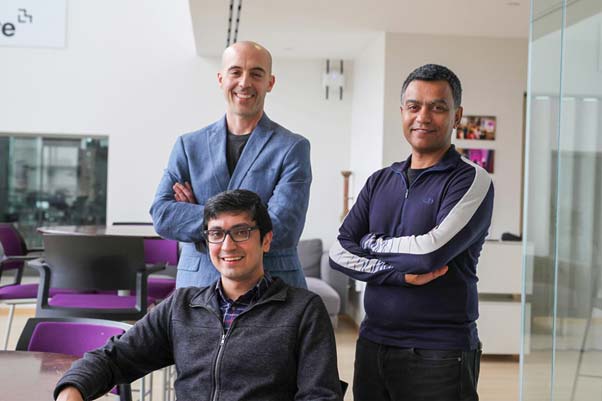 Pictured (left to right): Seated, Soroush Vosoughi, a postdoc at the Media Lab's Laboratory for Social Machines; Sinan Aral, the David Austin Professor of Management at MIT Sloan; and Deb Roy, an associate professor of media arts and sciences at the MIT Media Lab, who also served as Twitter's Chief Media Scientist from 2013 to 2017. Photo: Melanie Gonick, MIT