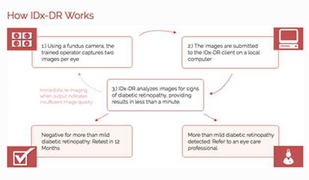 A flowchart demonstrating the steps involved in the diagnosis of diabetic retinopathy via AI diagnostic tool, IDx-DR. (Source: Vision Monday)