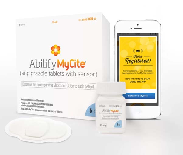 Abilify MyCite comes with an adhesive sensor (seen in the lower left of this image) and a smartphone app. Credit: Courtesy of Otsuka America Pharmaceutical, Inc.