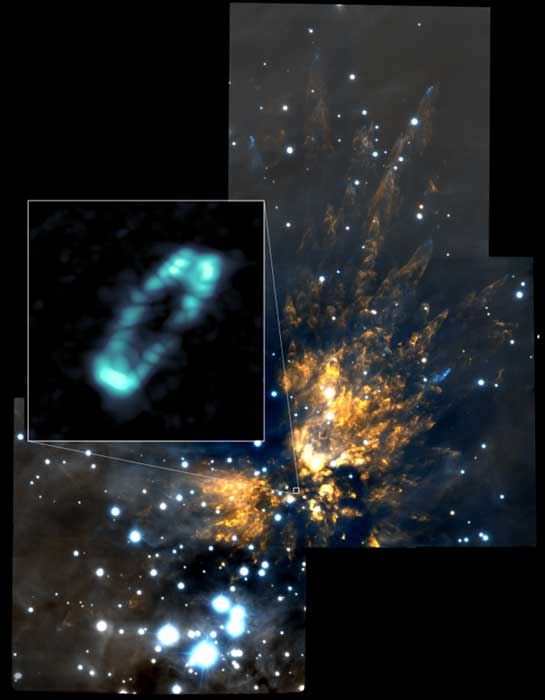 An image taken using ALMA of the new star with respect to the main cloud of Orion. There is also a close-up of the star’s disk, highlighted in blue. (Source: ALMA (NRAO/ESO/NAOJ), NRAO/AUI/NSF, Gemini Observatory/AURA)