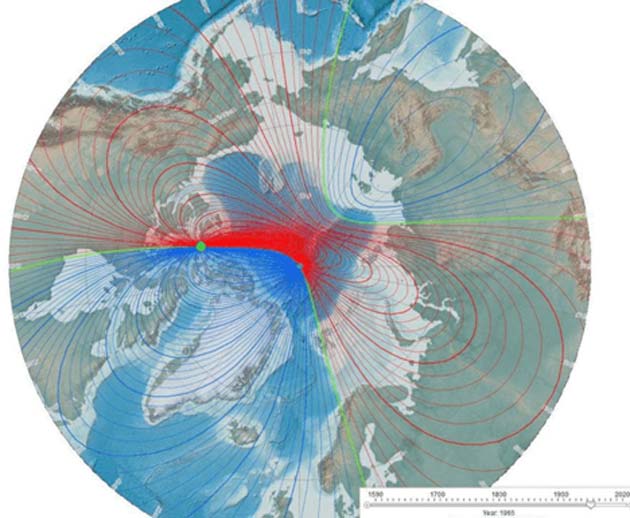 Animation tracing the movement of the Earth’s magnetic north pole. (Source: NOAA)