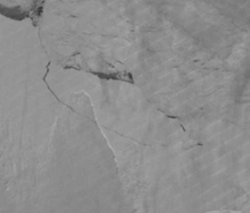 NASA Suomi VIIRS panchromatic image from July 12 2017, confirming the calving