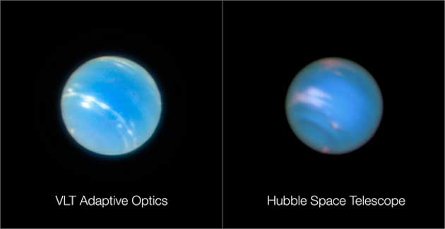 Neptune imaged using the VLT (left) and Hubble (right). (Source: ESO)