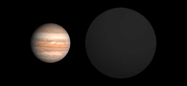 WASP-12b is considerably larger than Jupiter, according to some models. (Source: Aldaron; incorporating public domain images for reference planets (see below), inspired by Thingg's size comparison)