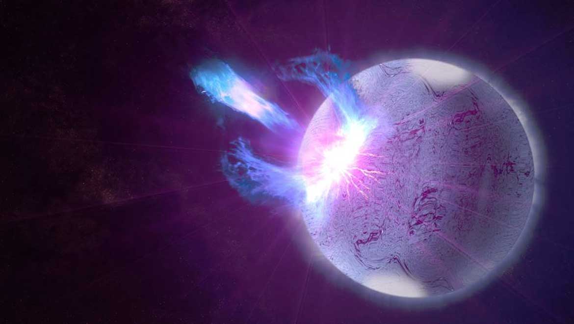 A rupture in the crust of a highly magnetized neutron star, shown here in an artist's rendering, can trigger high-energy eruptions. Fermi observations of these blasts include information on how the star's surface twists and vibrates, providing new insights into what lies beneath.