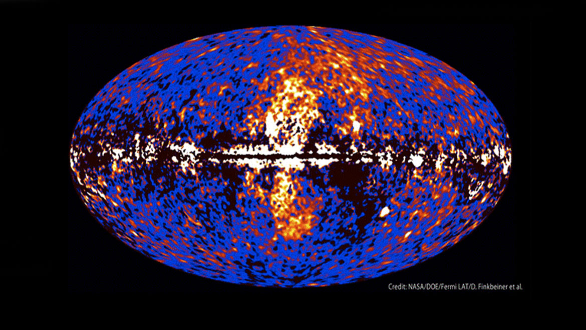 Data from the Fermi Telescope shows the bubbles (in red and yellow) against other sources of gamma rays. The plane of the galaxy (mostly black and white) stretches horizontally across the middle of the image, and the bubbles extend up and down from the center.
