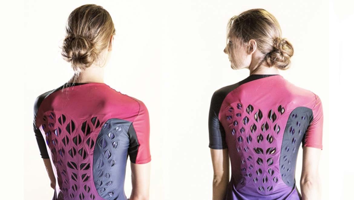 This breathable workout suit prototype has ventilating flaps that open and close in response to an athlete’s body heat and sweat. The left photo was taken before exercise when ventilation flaps are flat; after exercise, the ventilation flaps have curved. Image: Hannah Cohen