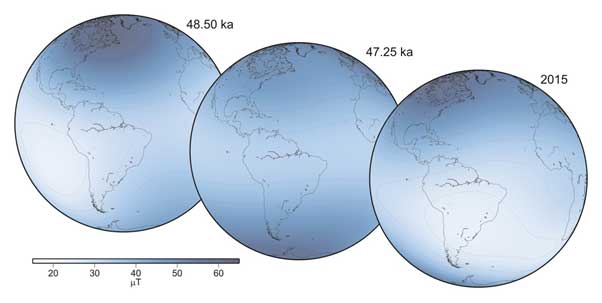 This image compares the Anomaly in 2015 with two others observed as having occurred 47,250 and 48,500 years ago, respectively. (Source: M. Korte/GFZ)