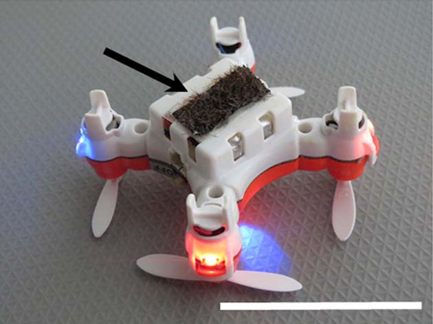 The insect-sized drones use horse hairs coated with ionic liquid gel to mimic the fuzzy exterior of bees and provide an electric charge to keep the grains attached.Courtesy of Dr. Eijiro Miyako