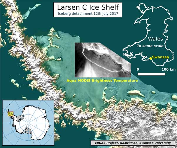 Map of Larsen C, overlaid with NASA MODIS thermal image from July 12 2017, showing the iceberg has calved