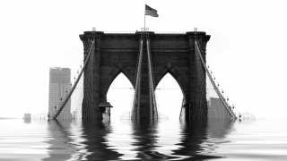 Conceptual illustration of the Brooklyn Bridge flooded with water due to natural disaster or global warming. Stock Image